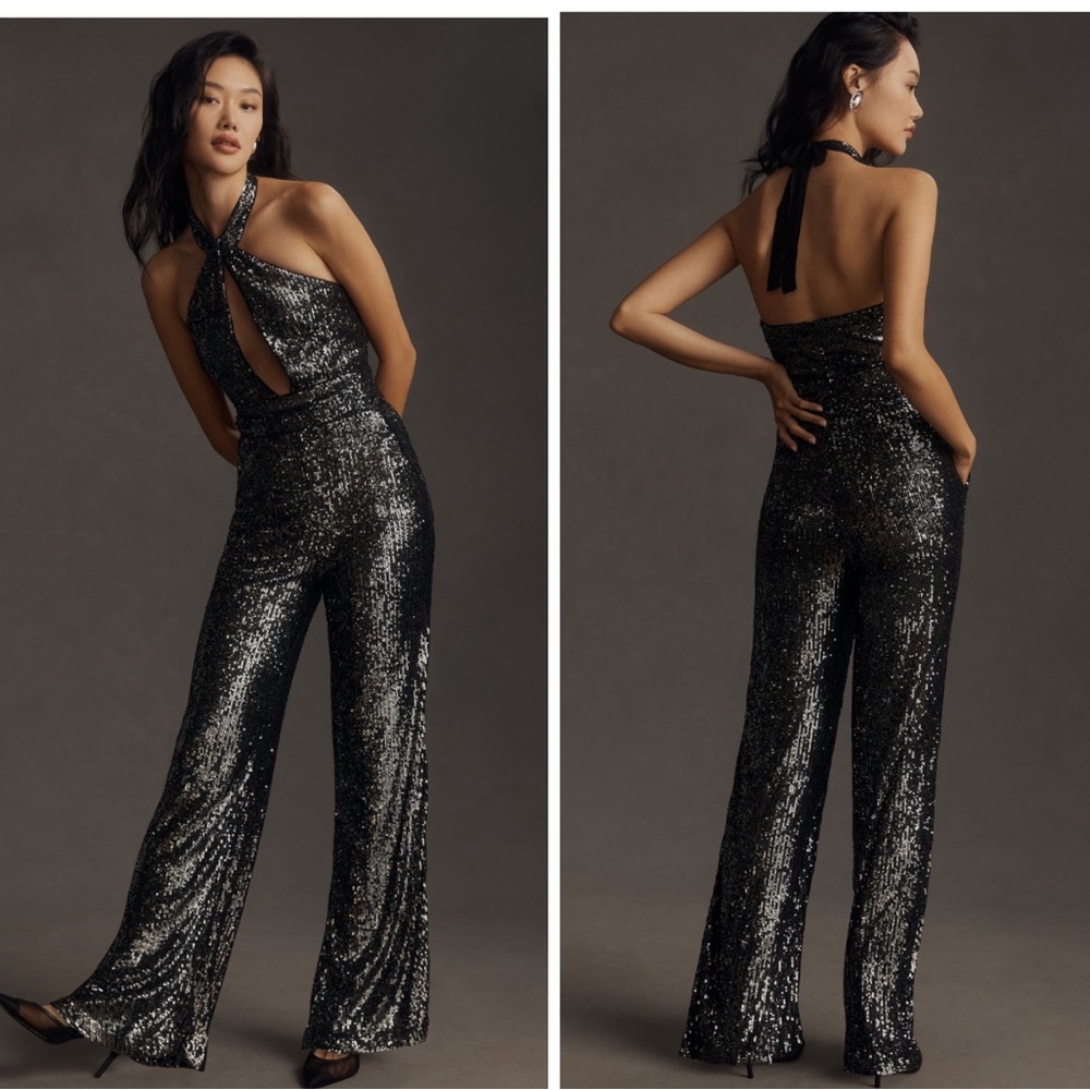Anthropologie Black Sequin Halter Jumpsuit
